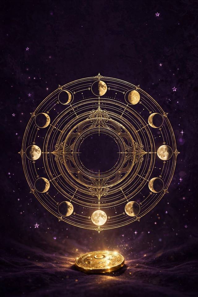 The 2027 Moon & Money Planner cover: a golden lunar calendar wheel of twelve moon phases on a midnight plum sky, with a single gold coin at its base
