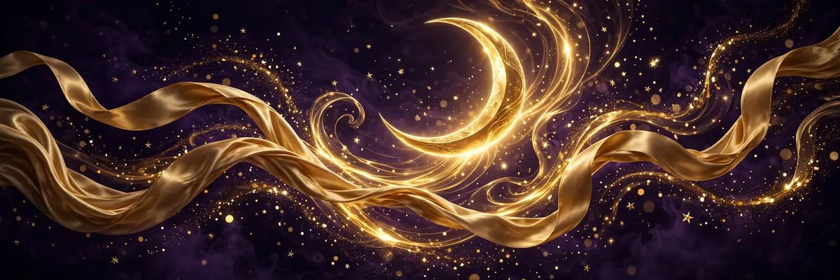 Aura Witch gift card — golden moon and flowing silk ribbons