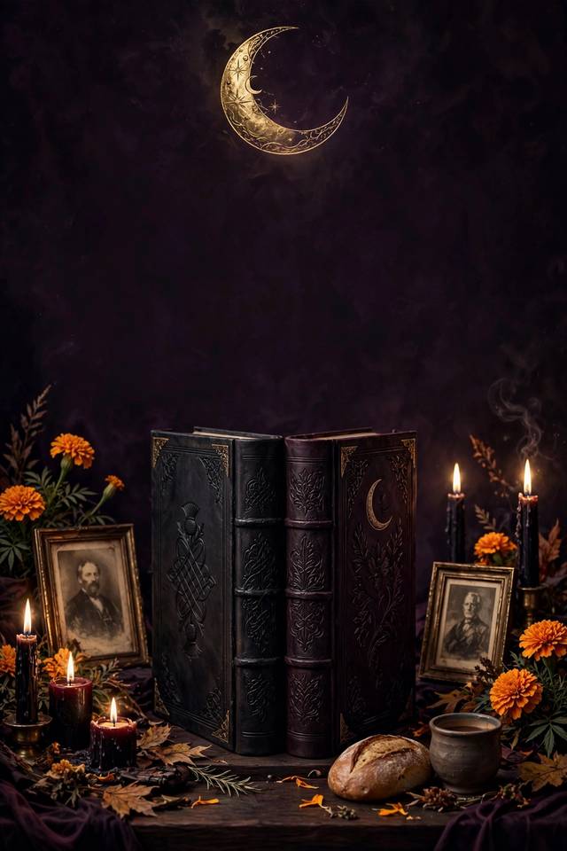The Ancestor Season Bundle: two dark grimoires on a Samhain ancestor altar with framed photographs, black and red candles, marigolds and bread