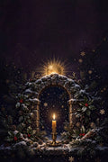 Winter's Gate cover: a lit candle in a brass holder before a snowy stone gate crowned with a golden sun, pine and holly boughs