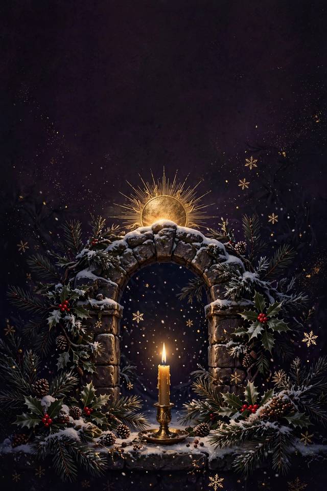 Winter's Gate cover: a lit candle in a brass holder before a snowy stone gate crowned with a golden sun, pine and holly boughs